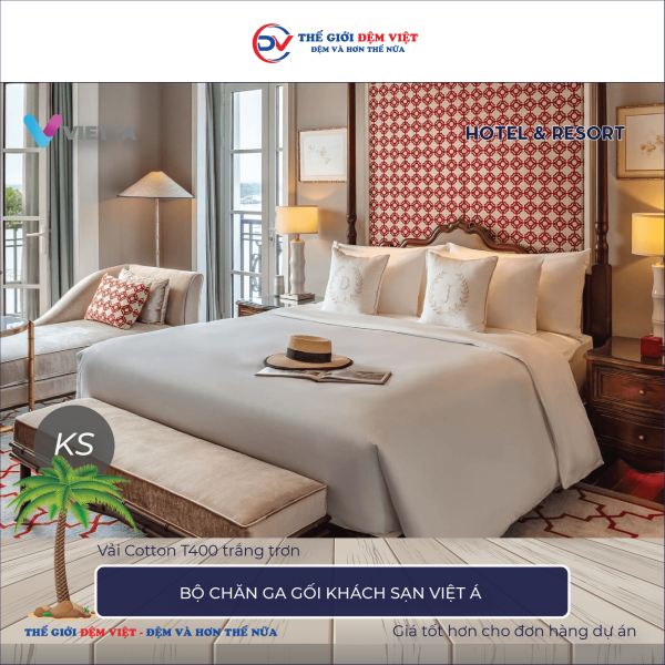 Bộ chăn ga gối khách sạn Việt Á vải Cotton T400 trắng trơn